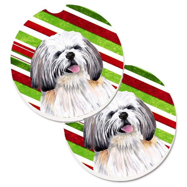 Carolines Treasures Shih Tzu Candy Cane Holiday Christmas Set of 2 Cup Holder Car Coaster SC9343CARC - main